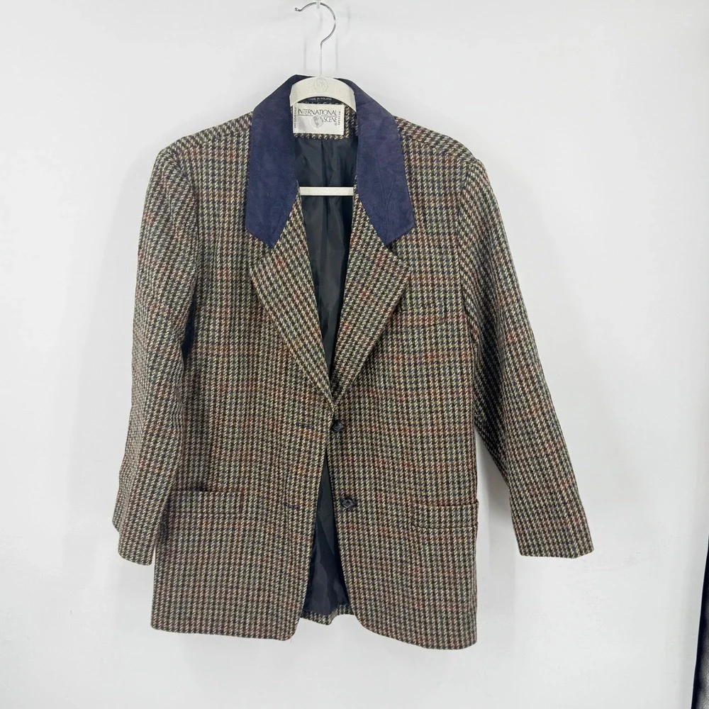 Vintage International Scene Wool Houndstooth Blazer Suede Collar Pocket Size 7/8
